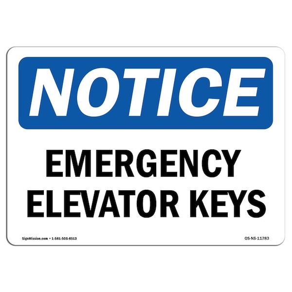 Safety Sign, OSHA Notice, 3.5" Height, Emergency Elevator Keys Sign, Landscape, 10PK